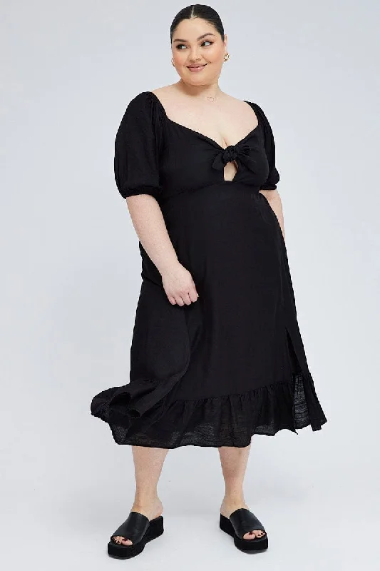 Trendsetting Threads Black Tie Front Midi Dress Short Puff Sleeve Split Front