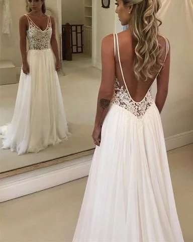 Snag Fabulous Fashion Bargains Charming See Through Lace Bodice Chiffon V-neck prom Dresses,Backless with Train Beach Wedding Dresses  cg6055