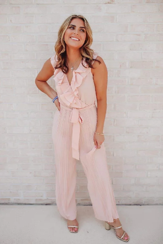 Elegant Style Andrea V Neck Ruffled Jumpsuit - Pink