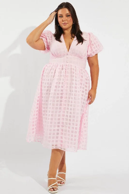 Evening Looks Pink Grid Check Midi Dress