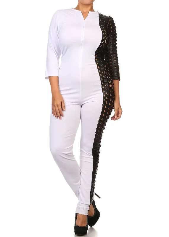 Chic Style Plus Size Women Faux Leather Cutouts One Sided Contrast Jumpsuit