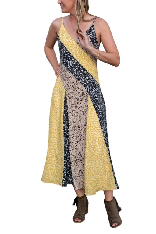 VIP Member Discount Patchwork Midi Dress In Yellow/black/tan