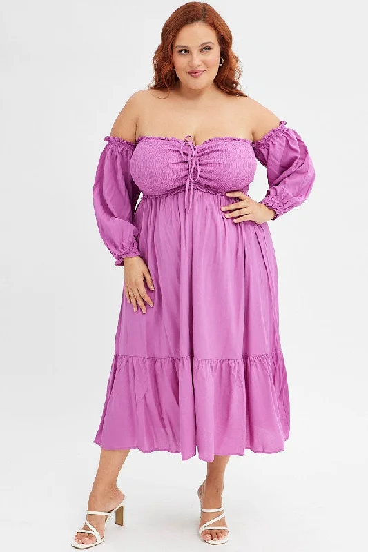 Catch Every Fashion Trend Purple Midi Dress Off Shoulder Shirred