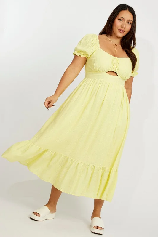 Limited Time Offer Yellow Midi Dress Short Sleeve Ruched Bust