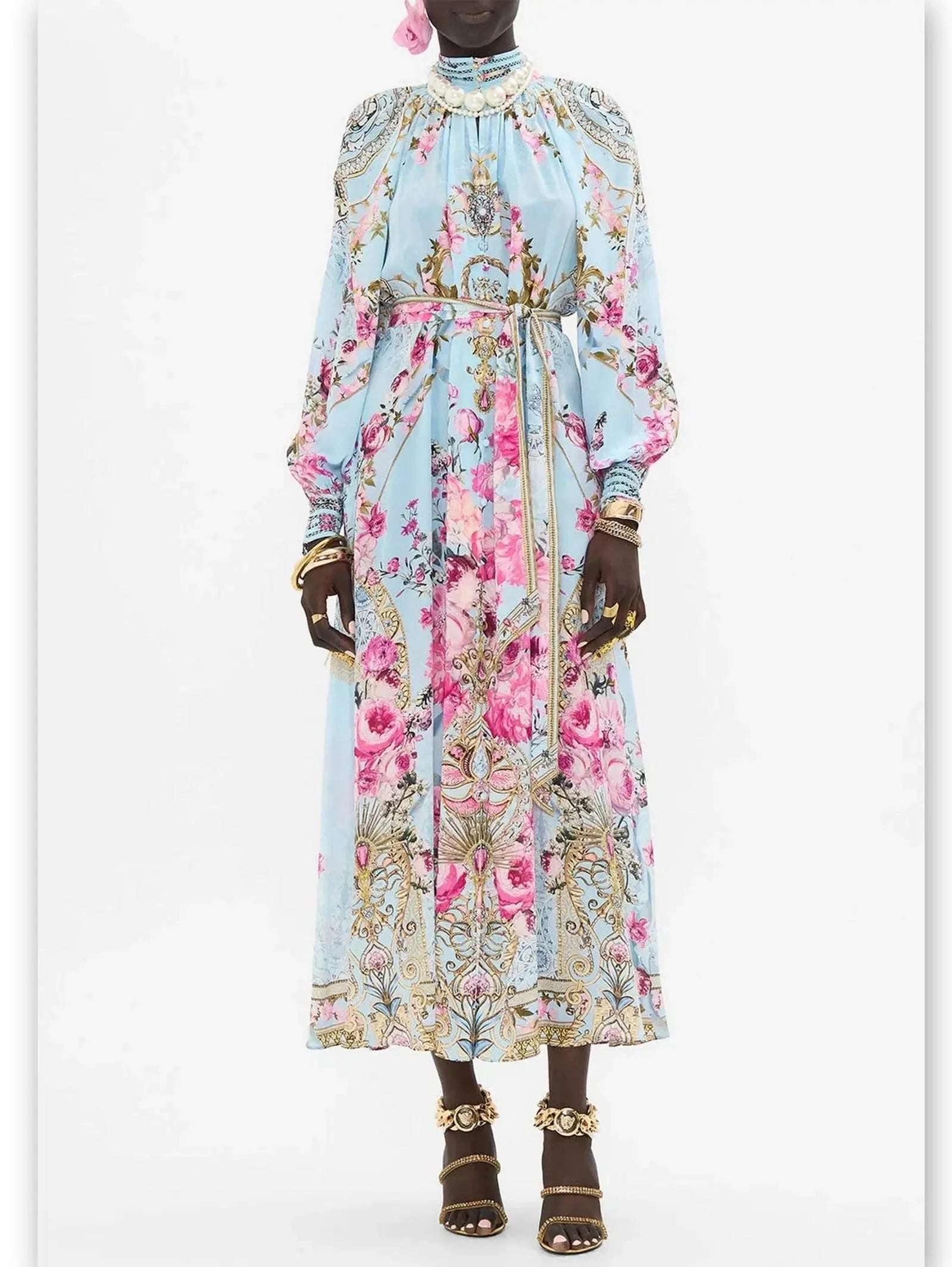 Forward Trendsetter Floral Garden Printed Silk Light Blue Midi Dress