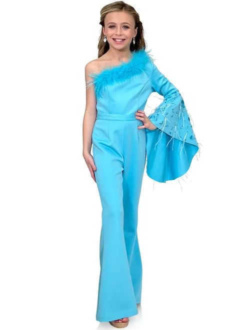 Clothes Woman Marc Defang 8222K Size 12 Baby Blue Girls Pageant Jumpsuit Feather One Shoulder Long Bell Sleeve Formal Wear Scuba