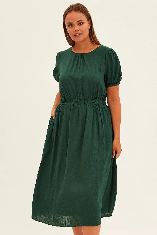 Modern Casual Clothing Green Midi Dress Cutout Back Puff Sleeve Linen Blend