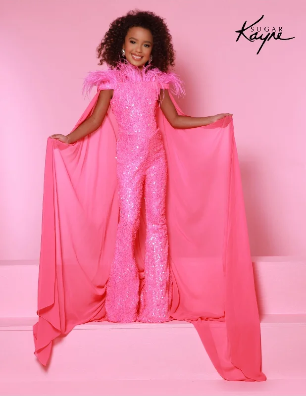 Online Boutiques Sugar Kayne C346 Size 12 Neon Pink Girls  Pageant Jumpsuit Bell Bottom Feathers Sequin Cape Fun Fashion Shimmer