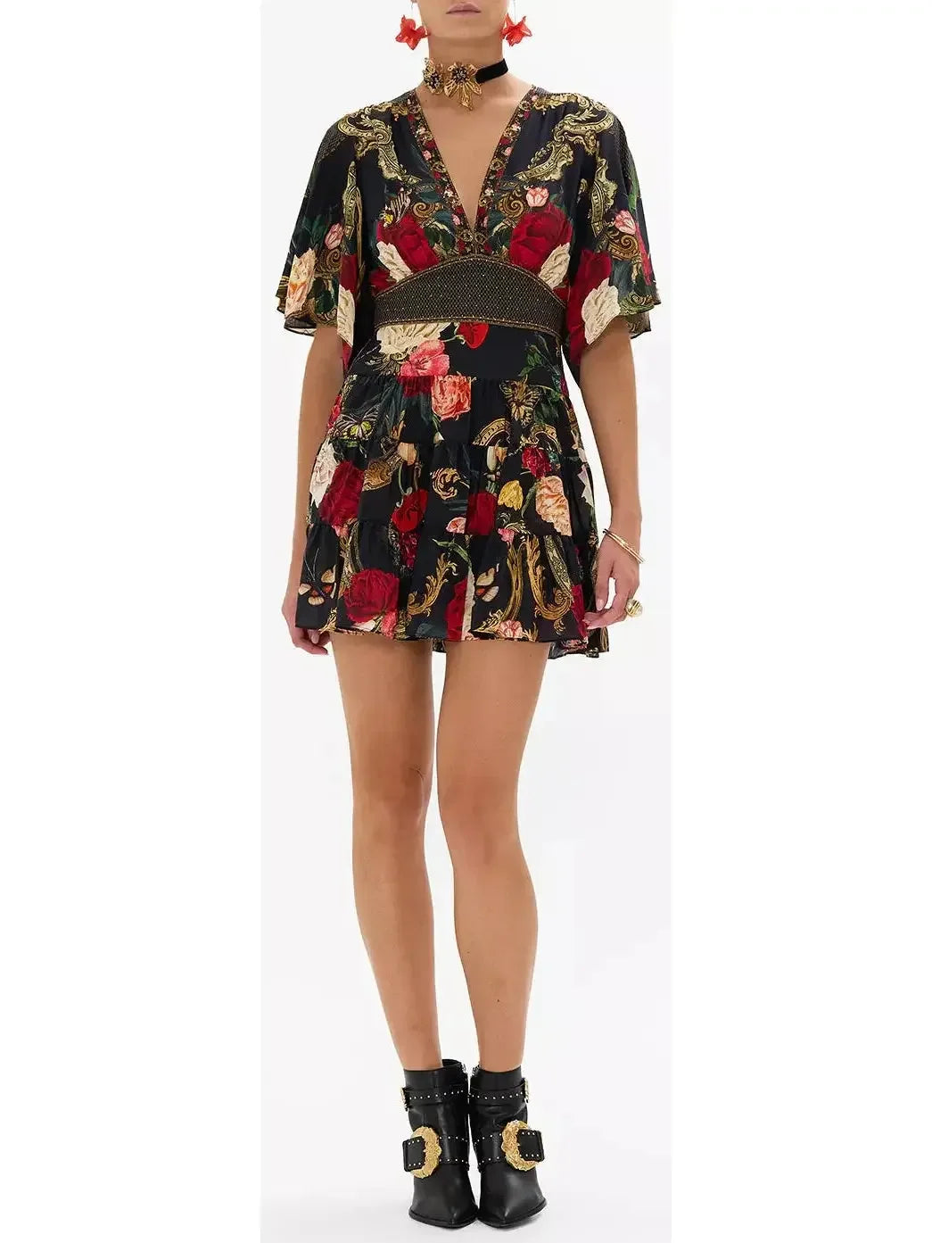 Cutting Edge Fashion Floral Printed V-Neck Silk Mini Dress