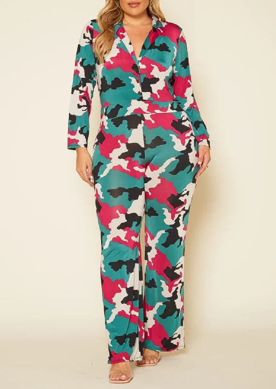 Casual Chic Hi Curvy Plus Size Camo Collared Jumpsuit