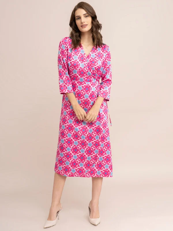 Best Online Women's Boutiques Satin Floral Print Wrap Dress - Fuchsia