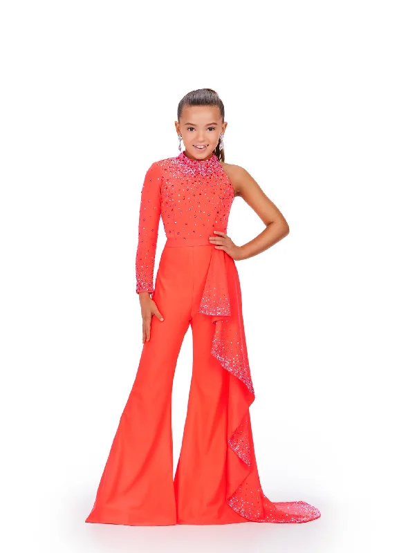 Women's Clothing Boutique Ashley Lauren Kids 8253 Size 12 Neon Orange Girls Pageant Jumpsuit Ruffle Train Long Sleeve Pant Suit bell bottoms