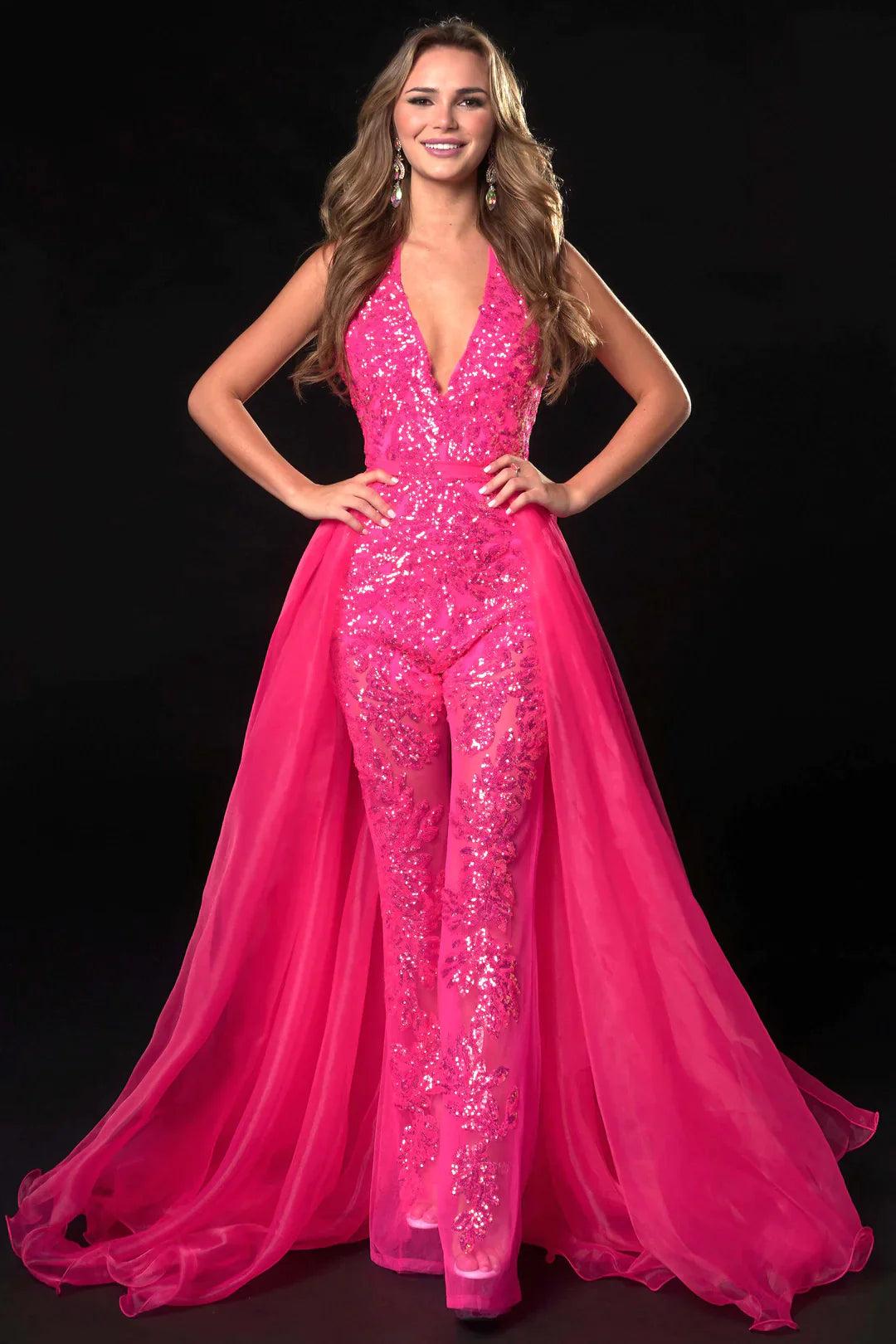 Online Clothing Stores Ava Presley 37381 Size 8 Fuchsia Long Sheer Sequin Halter Jumpsuit Detachable Overskirt Pageant Fun Fashion