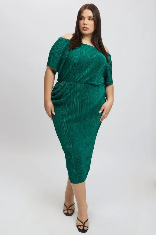 Flash Sale Fever Green Asymmetric Plisse Midi Dress