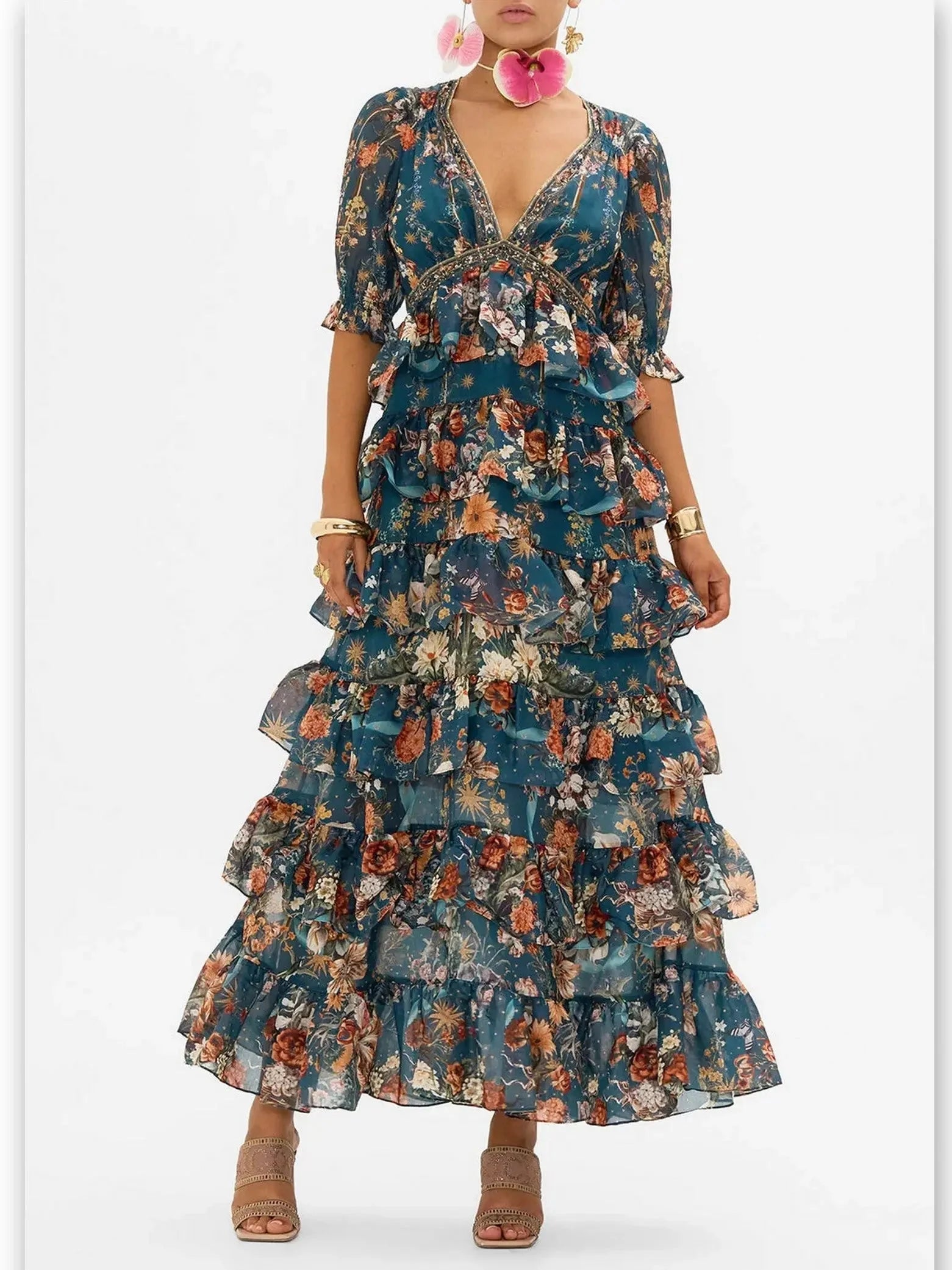 Exclusive Designer Collection Floral Garden-Print Puff Sleeve Tiered Skirt Long Dress