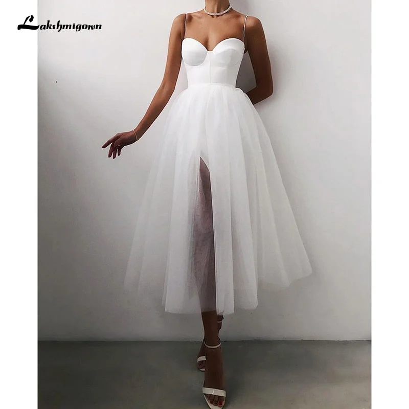 Fashion Frontiers Roycebridal Cheap A Line Short Wedding Dress 2021 Spaghetti Straps Simple Bride Dresses Tea Length Weddin Party Gowns