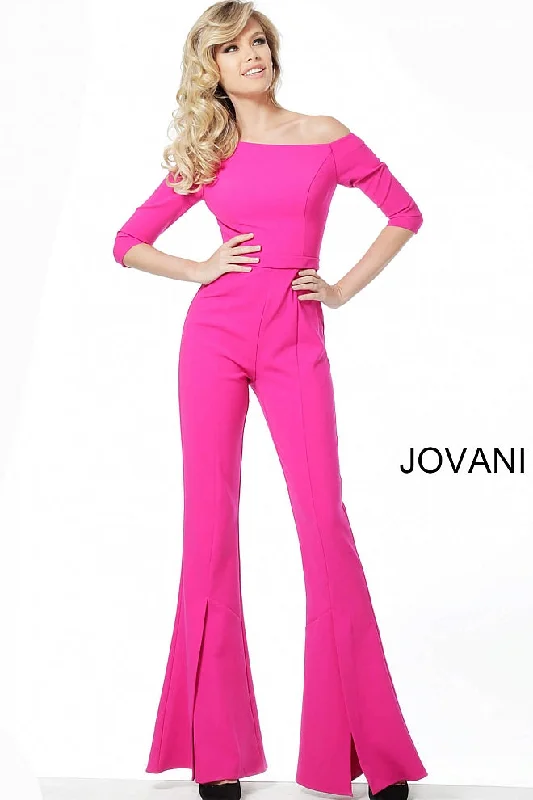 Glamorous Evening Wear Jovani 1867 off the shoulder fitted bell bottom jumpsuit long sleeve