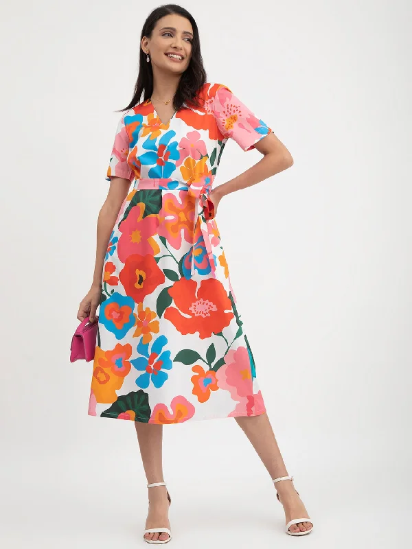 Online Boutiques Affordable Cotton Satin Floral Print Dress - Multicolour