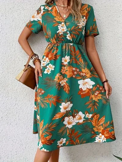 Fashion Forward Floral Surplice Short Sleeve Dress