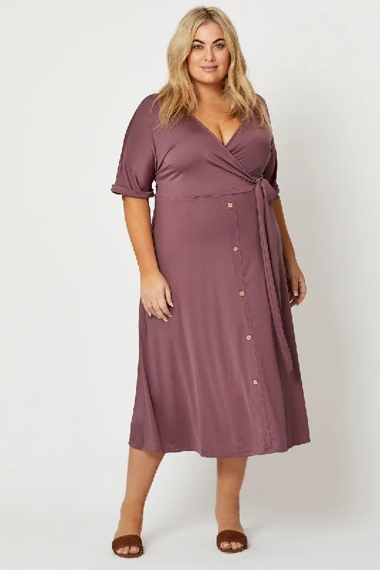 Chic Trends For The Fashion Savvy Purple Midi Dress V-neck Short Sleeve Waist Tie