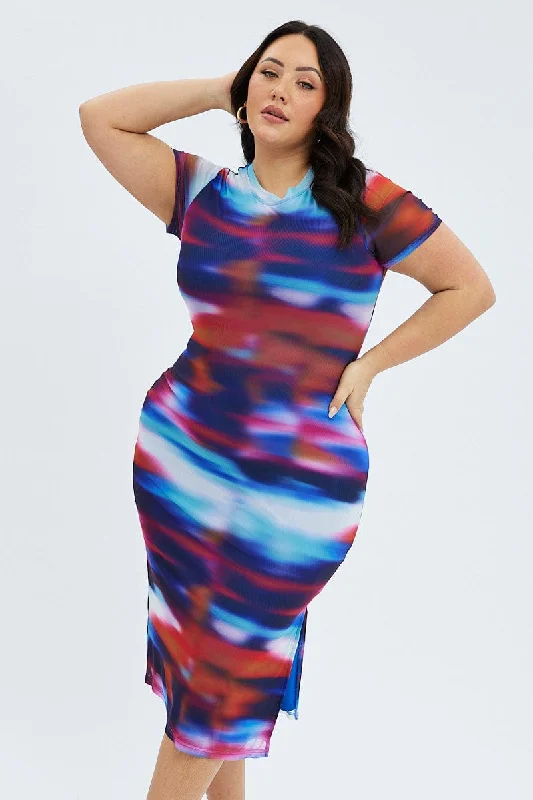 Clearance Event Multi Abstract Maxi Dress Mesh Cap Sleeve Bodycon