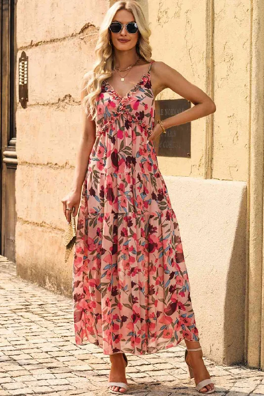 Chic Styles Floral Frill Trim Spaghetti Strap Dress