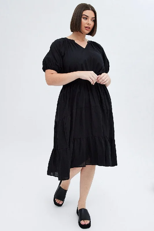 Break Fashion Norms Black Midi Dress Tiered Notch Collar Belted