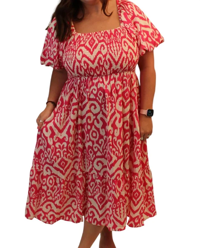 High End Fashion Geometric Print Midi Dress In Hot Pink