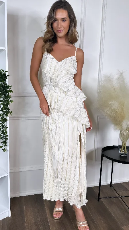 Trend Leading Collection Shelby Cream & Gold Strappy Frill Detail Maxi dress