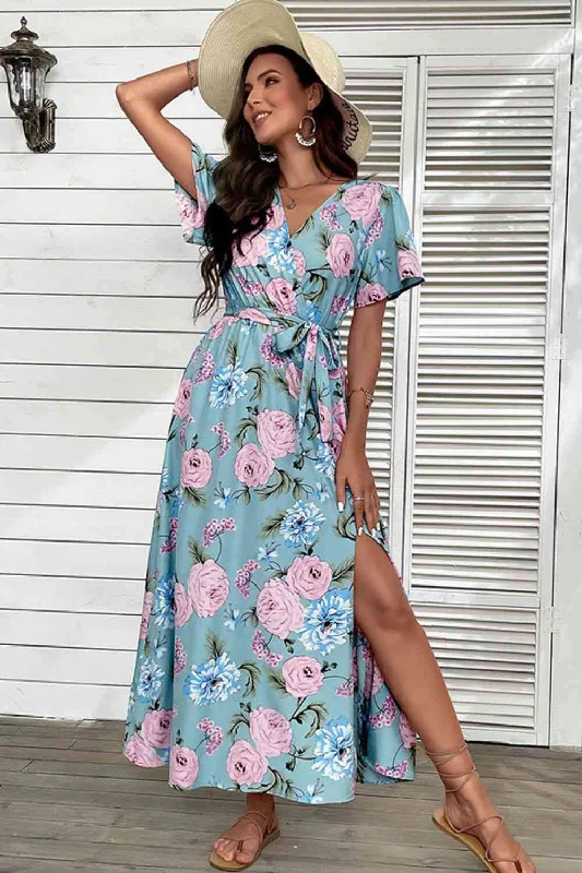 Casual Chic Clothing Floral Tie-Waist Slit Surplice Maxi Dress