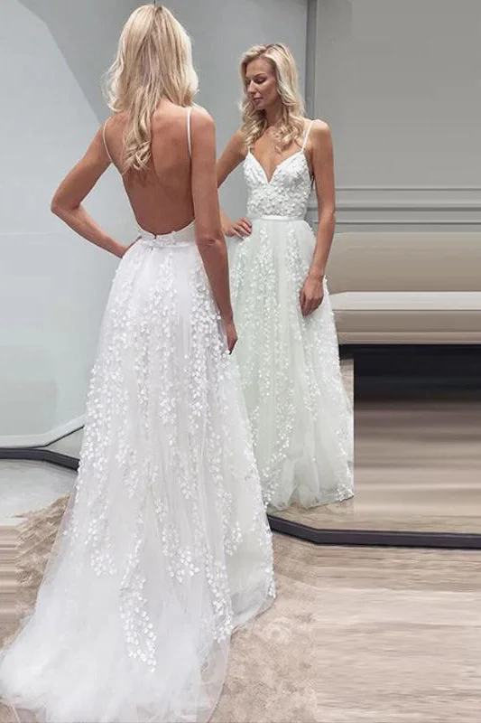 Trendy Styles Boho Beach Wedding Dresses with Lace Appliques Spaghetti Strap Tulle Wedding Gown N1779