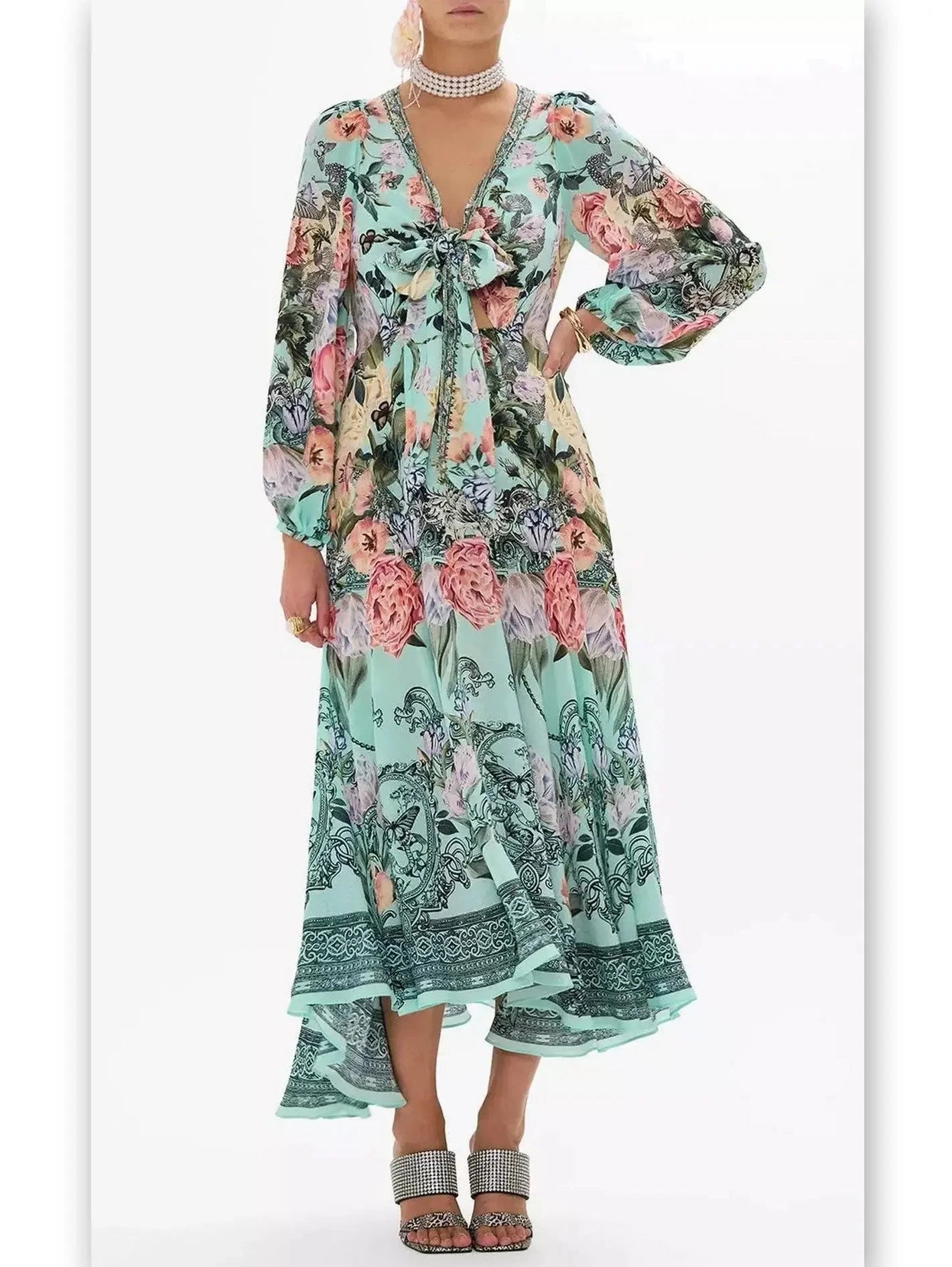 Style Versatile Women's Collection Floral Print V-Neck Blouson-Sleeve Wrap-Tie Dress