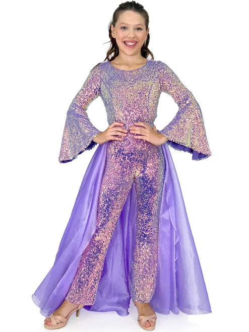 Sale Clearance Marc Defang 8004k Kids Size 6 Iridescent Purple Jumpsuit Sequin Bell Sleeve Pageant Overskirt Fun Fashion