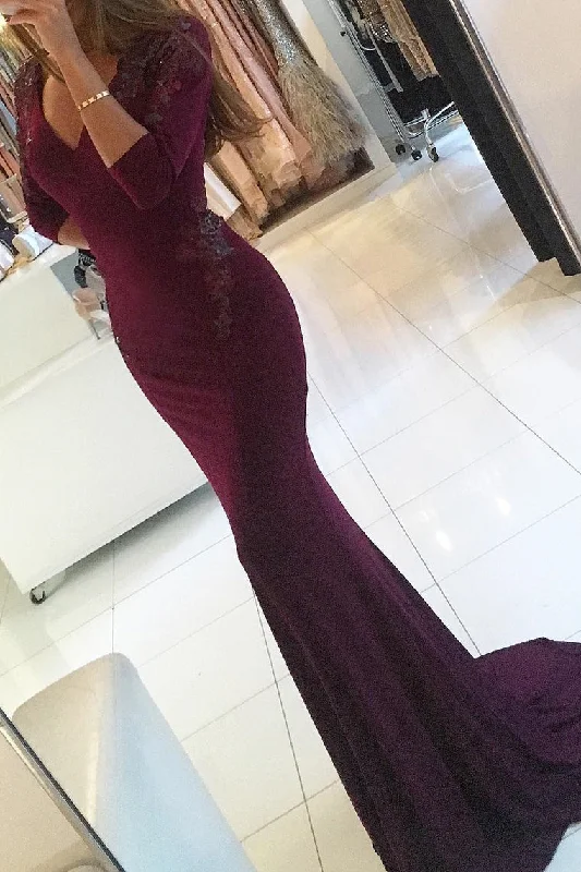 Season Appropriate Women's Collection Burgundy V Neck 3/4 Length Sleeves Mother Of The Bride Dresses Mermaid prom Spandex With Applique cg4759