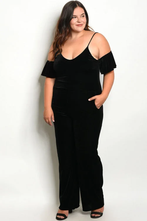 Trend Driven Wardrobe Black Velvet Cold Shoulder Plus Size Jumpsuit