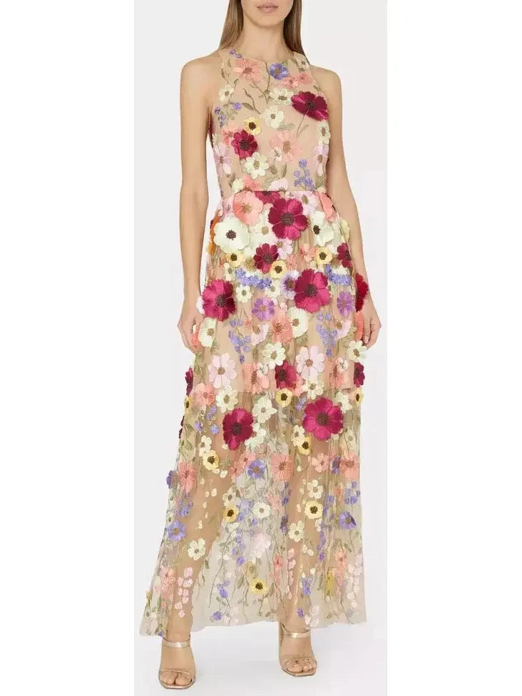 Dive Into Trendy Women's Fashion Floral-Embroidered Sleeveless Mesh Gown