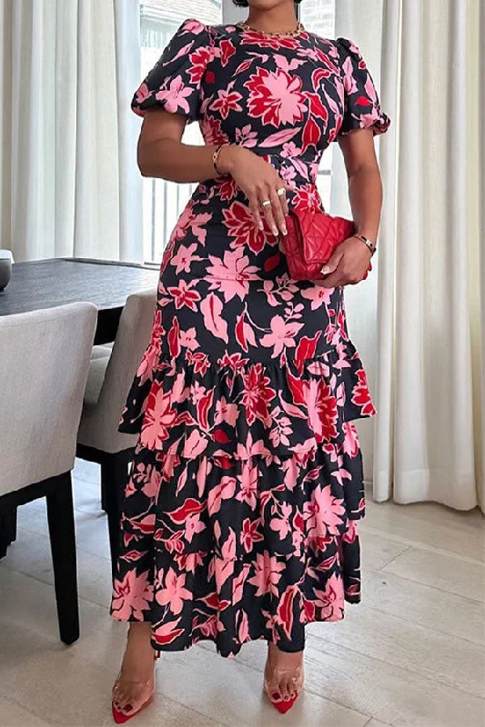 Women Fashion Floral Print Glamorous Belted Tiered Midi Dress