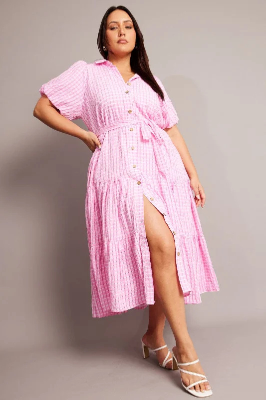 Elevate Your Wardrobe Pink Midi Dress Short Sleeve Shirt Check