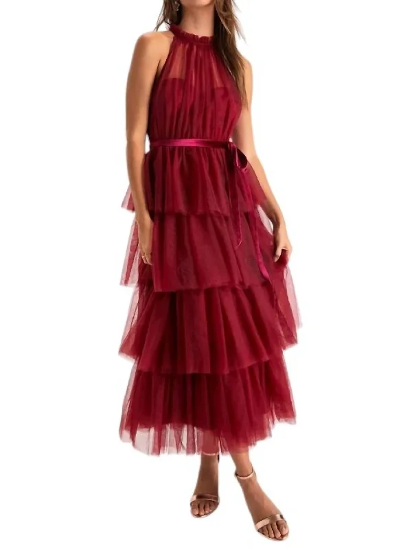 Fashion Forward Tuelle Halter Midi Dress In Wine