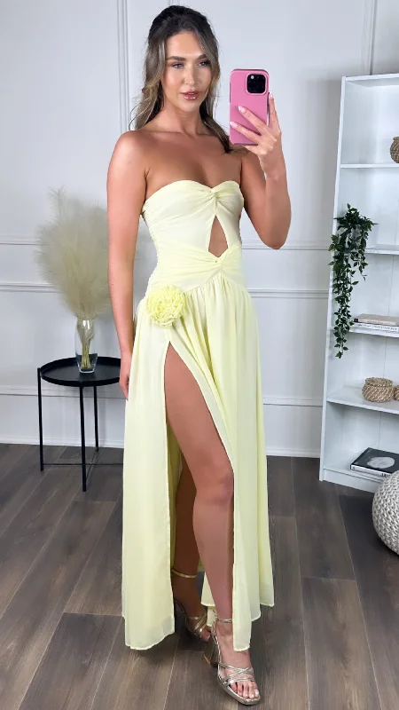 Durable Fashion Picks Dominique Yellow Strapless and Corsage Detail Maxi Dress