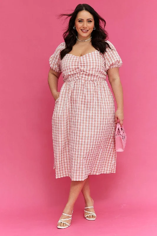 Chic Outfits Pink Check Midi Dress Ruched Bodice Gingham Puff Sleeve