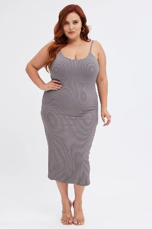 Fashion Forward Femme Grey Rib Jersey Midi Dress Tie Waist