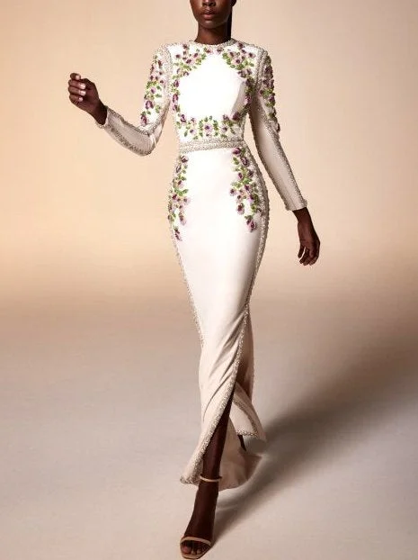 Chic And Edgy Floral Bead-Embellished Long White Fitted Gown