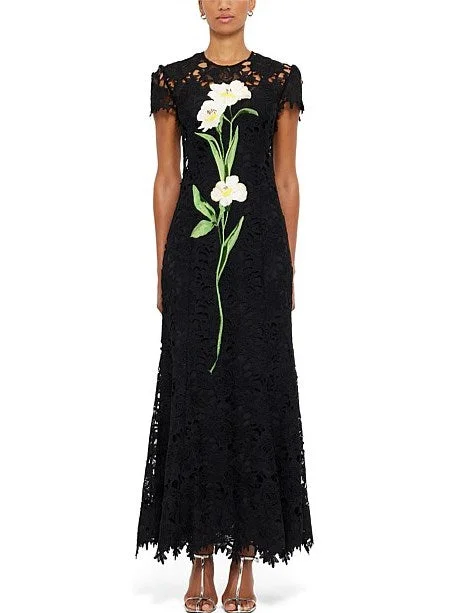 The Latest Fashion Trends Floral Embroidery Black Lace Dress