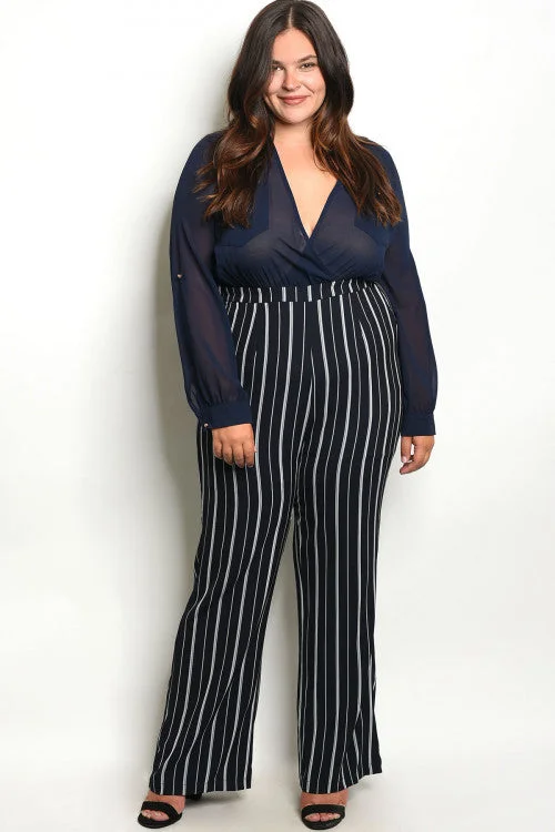 Style Breakthroughs Navy Blue and White Stripe Plus Size Jumpsuit