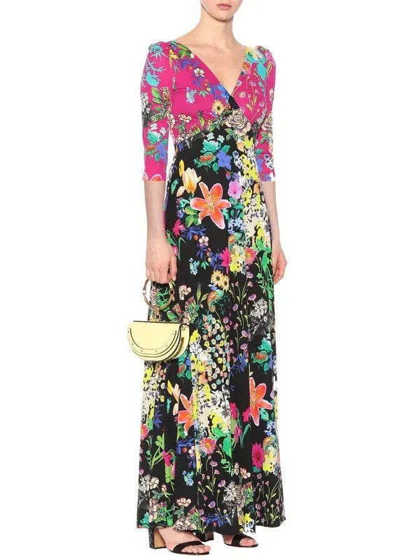 New Styles Just In Color-Contrast V-Neck Floral Printed Maxi Dress