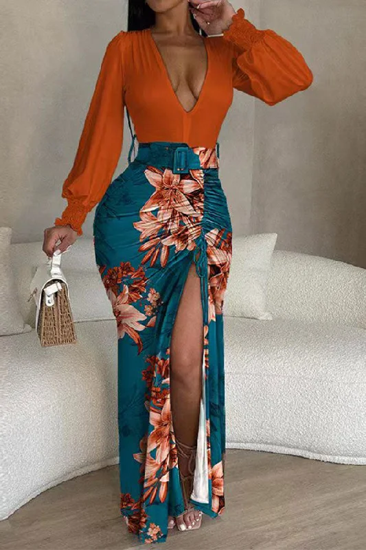 Unleash Your Style Floral Print Modern Drawstring High Split Maxi Dress