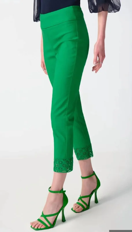 Limited Stock Embroidered Cutout Cuff Cropped Pant In Island Green