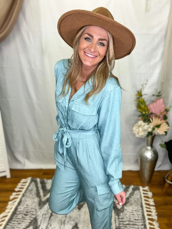 Boho Chic Fashion Mint Long Sleeve Waist Tie Jumpsuit