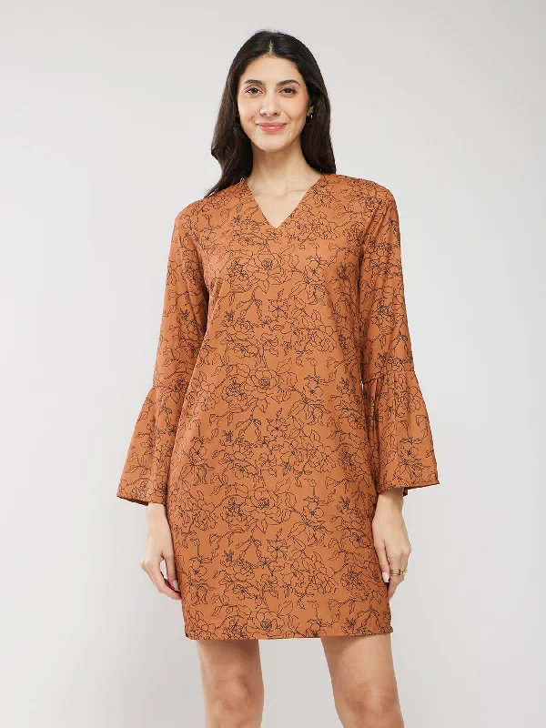 Evening Elegance Floral Print Shift Dress - Rust